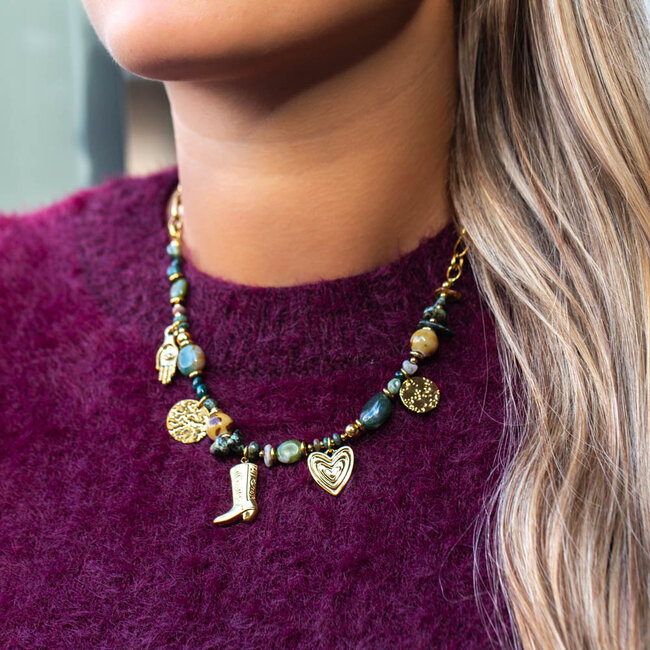 Beadle Opvallende groene bedelketting  met hart en western bedels