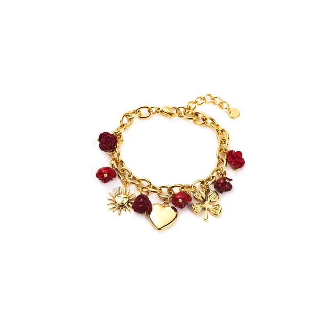 Beadle Goudkleurige schakelarmband met rode roosbedels.