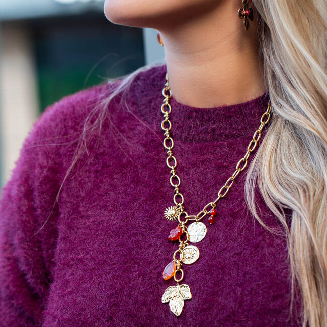 Beadle Goudkleurige ketting met veel bedels, muntjes en steentjes