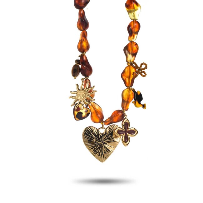 Beadle Vrolijke opvallende  grote bruine kralen ketting en bedels