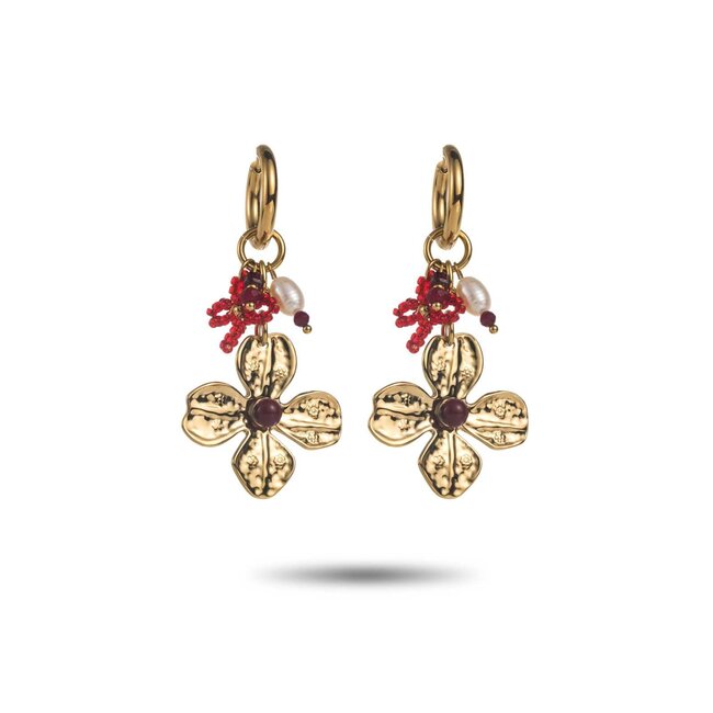 Beadle Grote gouden bloem en strik oorbellen