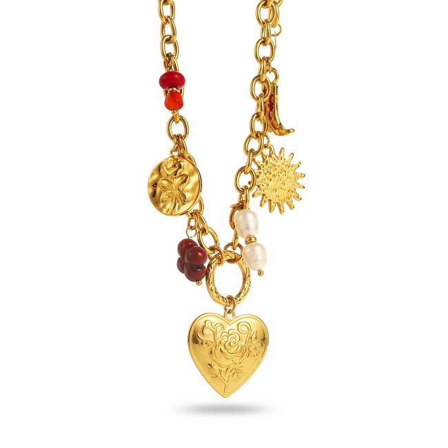 Beadle Vrolijke opvallende ketting met bedels hart zon muntjes
