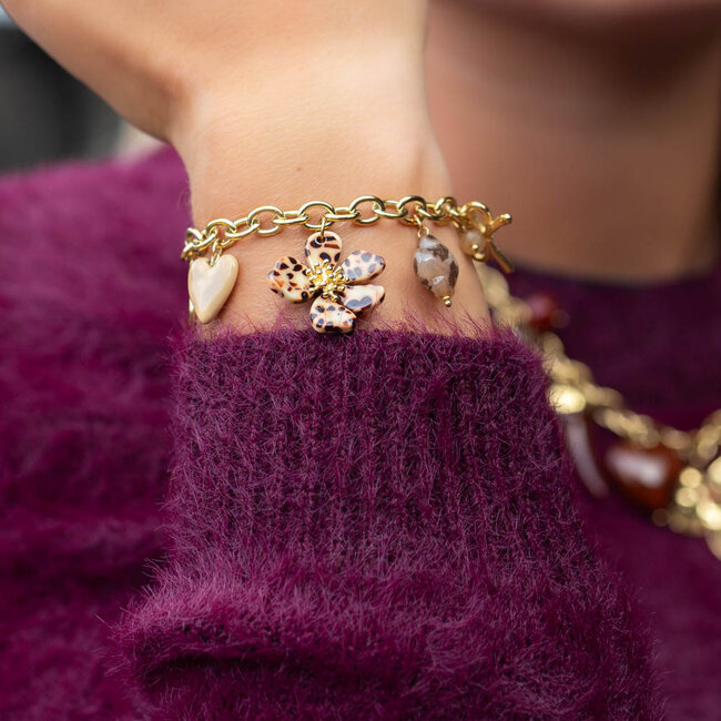 Beadle Goud schakelarmband met  tijgerprint bedels