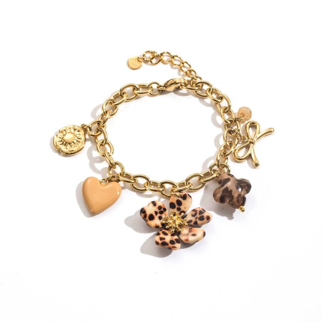 Beadle Goud schakelarmband met  tijgerprint bedels