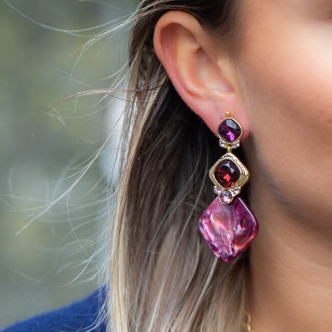 Biba Paars aubergine crystal glitter boho oorbellen