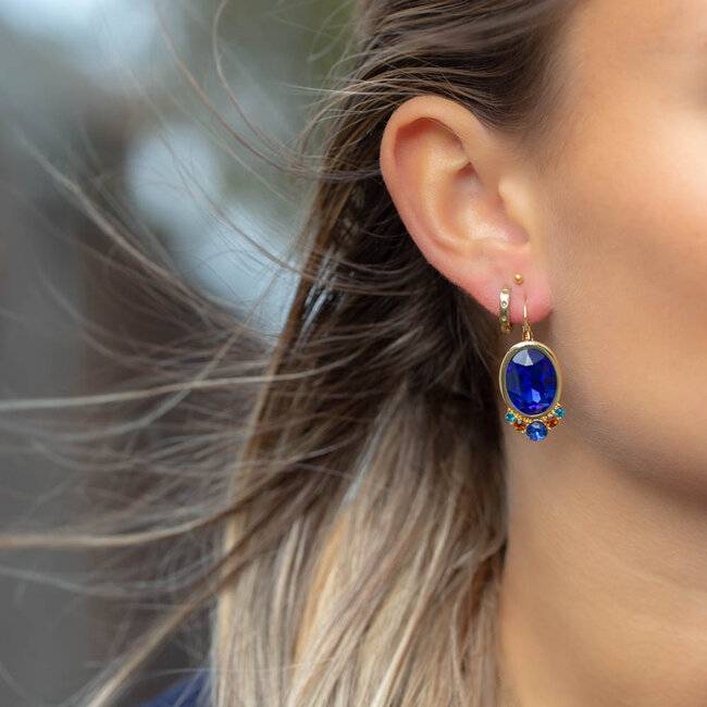 Chique oorbellen met Konings blauwe chrystal steen