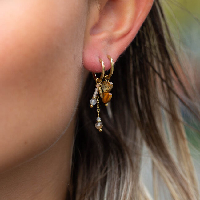Gouden oorbellen met nude  steentjes en bruine hartjes