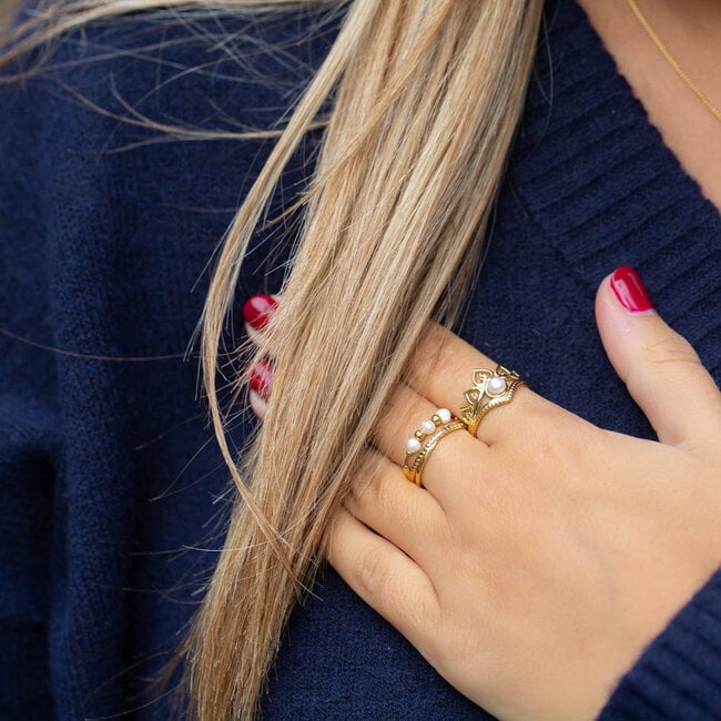 Beadle Stainless steel gouden ring pareltjes of kroontje