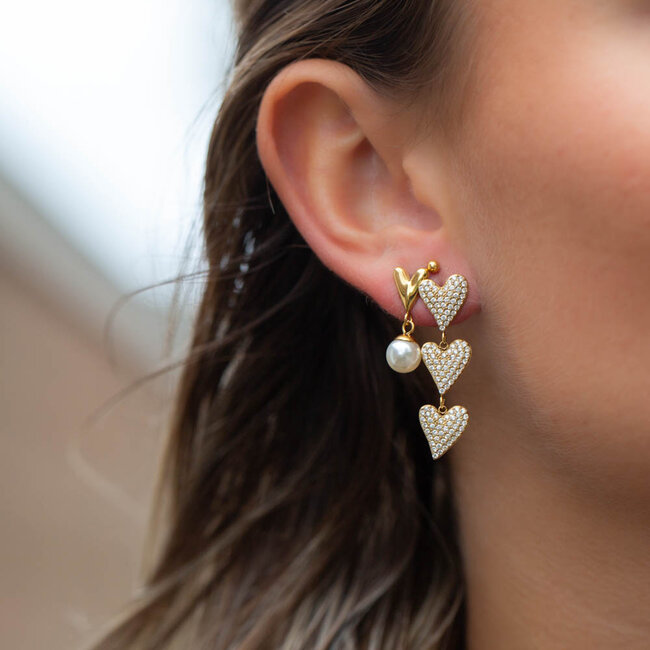 Day & Eve  Sprankelende Harten: Trendy Lange Oorbellen met crystal harten en parel