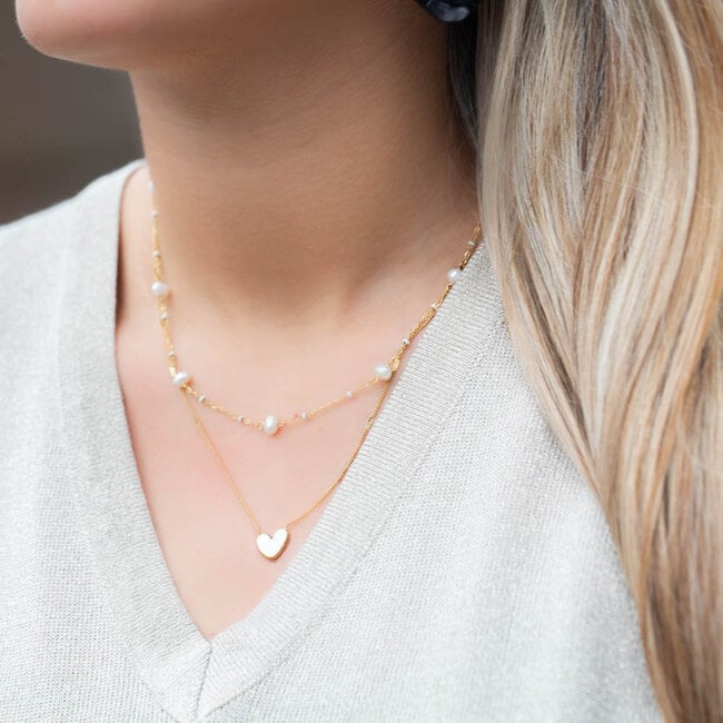 Beadle Dubbele goud laagjes ketting met hart en parels