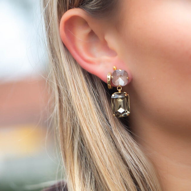 Biba Crystal luxe grote steen oorbellen  grijs taupe