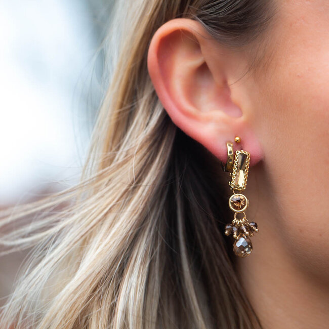 Biba Bruin taupe  crystal oorbellen met  kralen