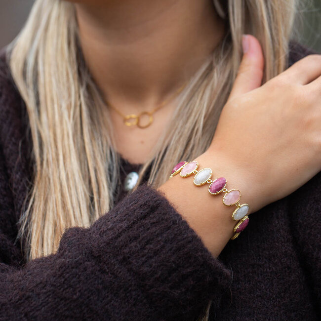 Beadle Stoere natuursteen armband in roze en framboosrood