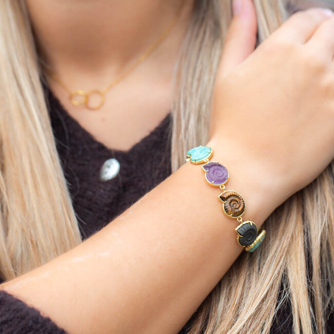 Stoere natuursteen armband met oa tijgeroog amethyst en amazoniet schelp