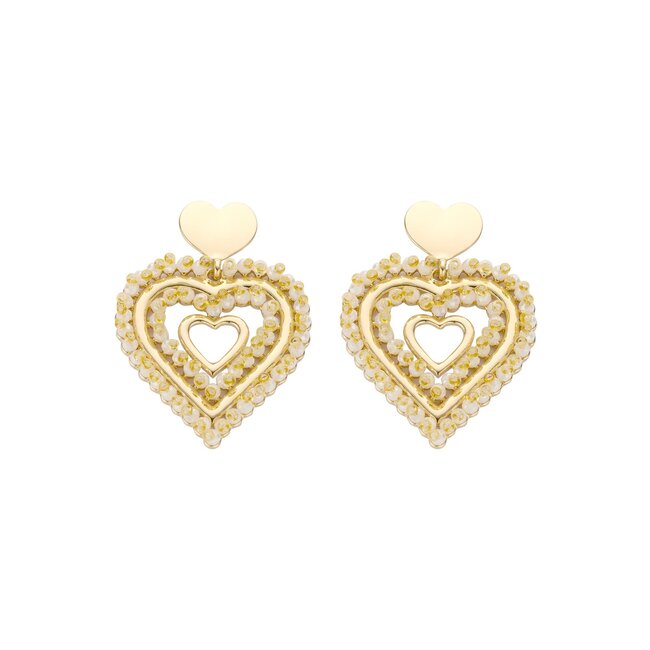 Biba Grote hart oorbellen met witte kraaltjes