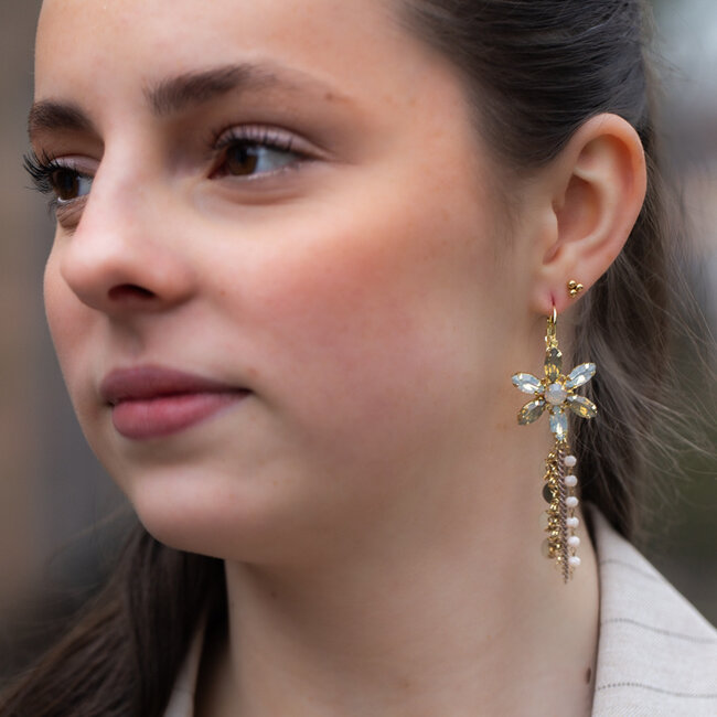 Biba Bohemian ibiza grijs blauwe zomerse oorbellen  met crystal stenen