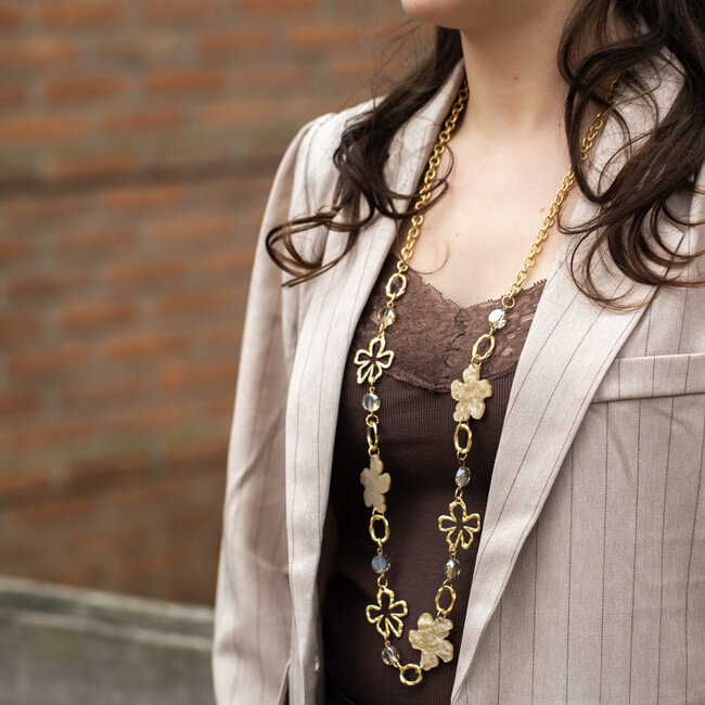 Lange beige bloemen ketting