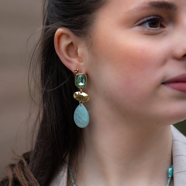 Turquoise groene oorbellen met crystal steen en druppel