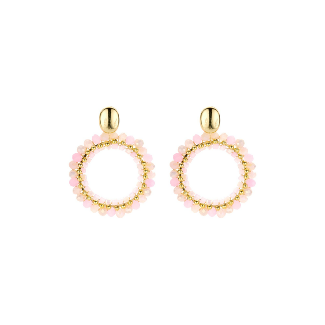 Roze en witte  kralen ronde hanger oorbellen