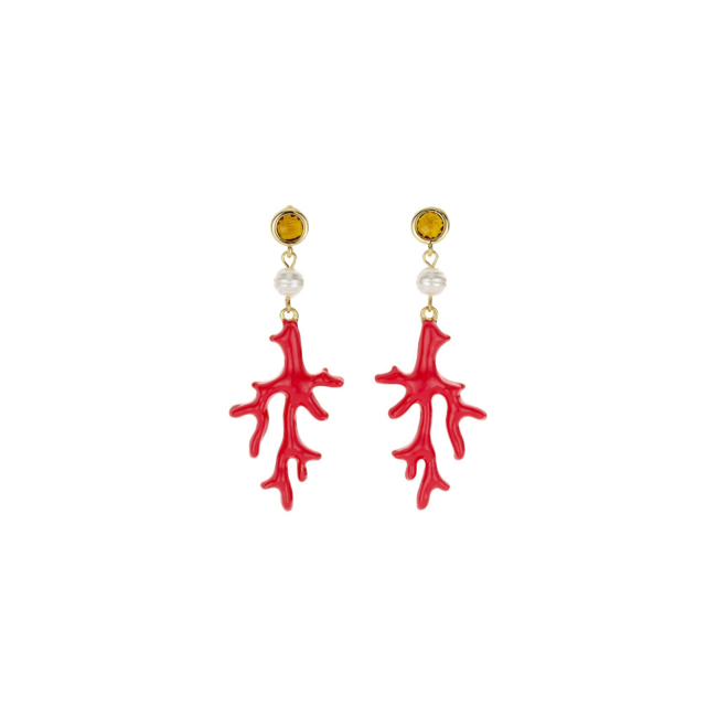 Koraaltakjes oorbellen met rood detail en pareltje