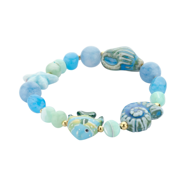 Armbandjes in zeekleuren met schelp, vis of  kralen