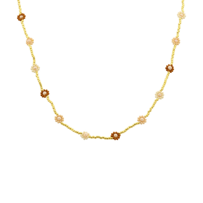 Ketting met bloemetjes kralen in bruin en naturel tinten.