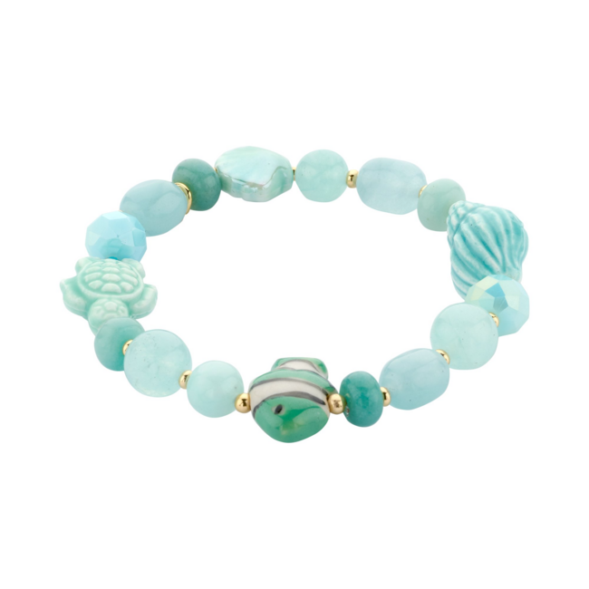 Zeegroene armband met keramiek schildpad, schelp en vis