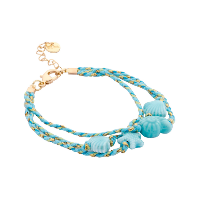 Driedubbele turquoise armband met keramiek schelpen