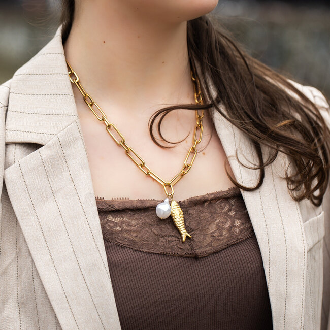 Day & Eve  Grovere schakelketting van stainless steel met parel