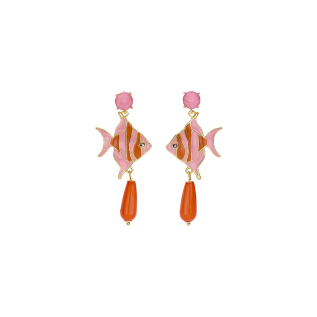 Biba Roze oranje vis oorbellen met oranje druppel