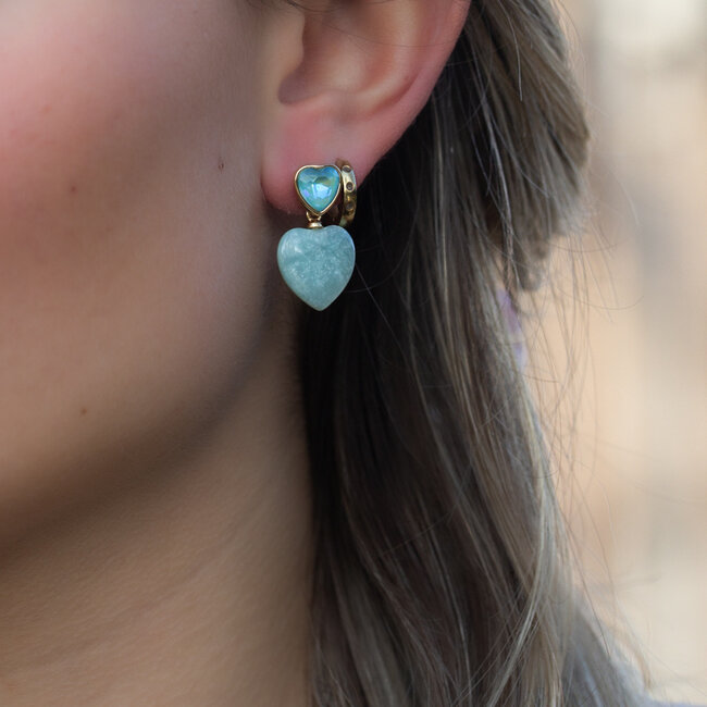 Oorbellen met turquoise hart en crystal steen