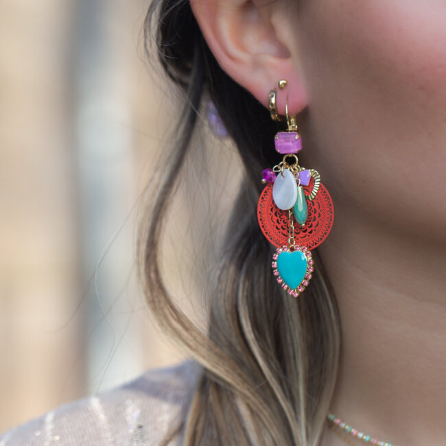 Oorbellen ibiza boho sfeer, turquoise hart & roze bedels