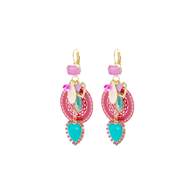 Oorbellen ibiza boho sfeer, turquoise hart & roze bedels