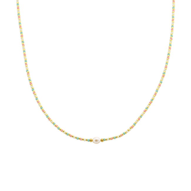 Korte pastel kleurige ketting met pareltje