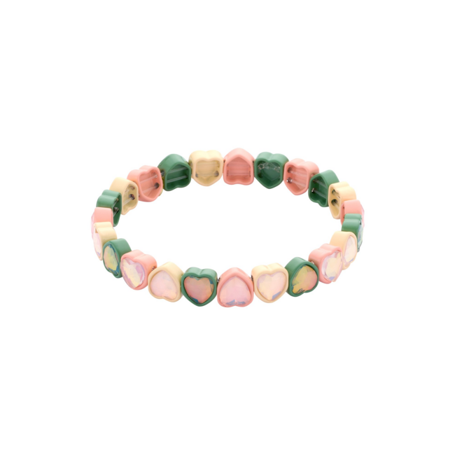 Elastische armband met crystal hartjes in groen en roze