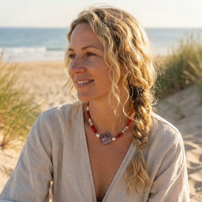 Strand ketting met kleurrijke kraaltjes en een opvallende schelp