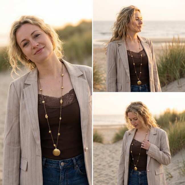 Lange ketting met schelp bedel van Biba met keramiek schelpjes