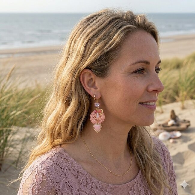 Luxe boho oorbellen in roze tinten met Ibiza sfeer