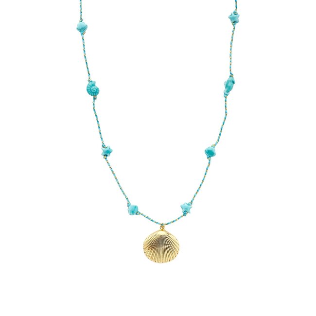 Biba Lange ketting met schelp bedel met keramiek  zeethema kralen  turquoise