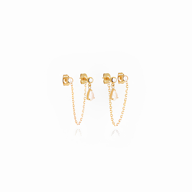 Goud oorbellen met zirconia chain ketting