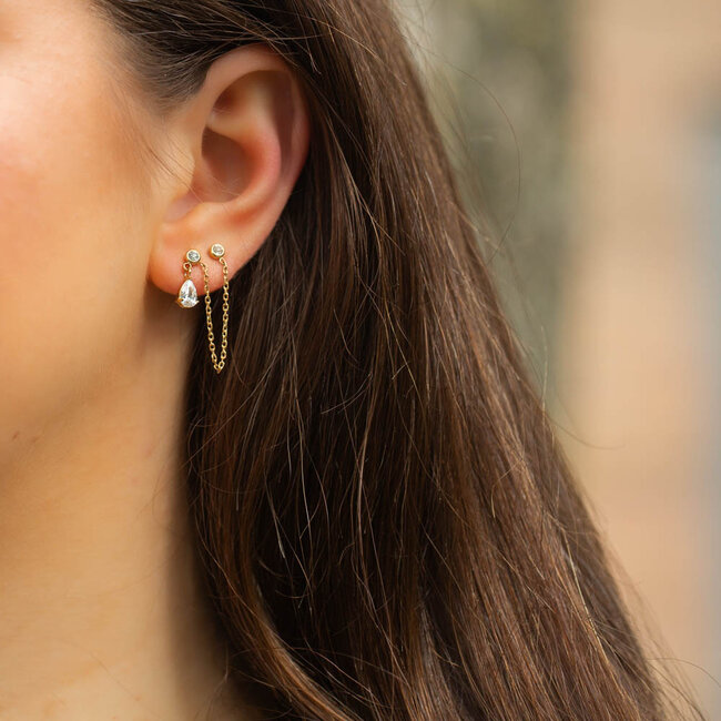 Goud oorbellen met zirconia chain ketting