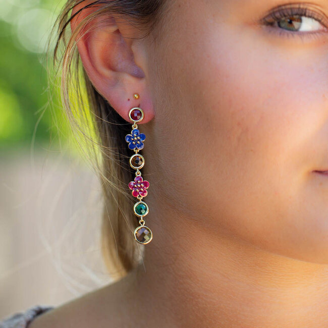 Biba Vrolijke lange bloemetjes oorbellen