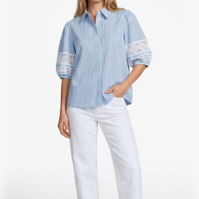 Blauwe streep blouse met kant mouwen