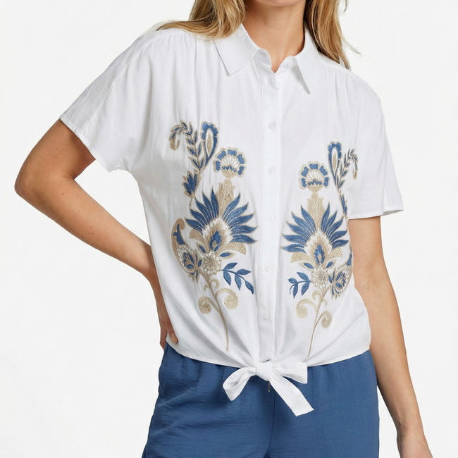 Witte Knoopblouse met opvallende toffe blauw beige  print