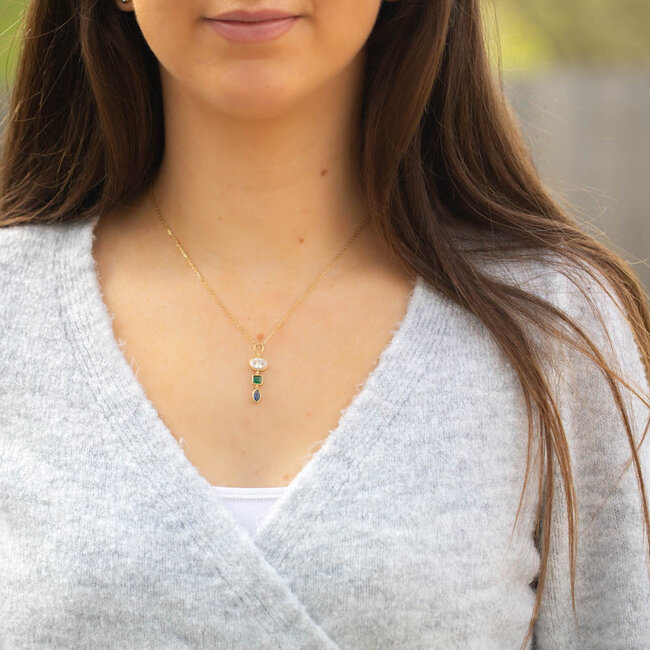 Goud ketting met crystal zirconia steentjes in groen en blauw