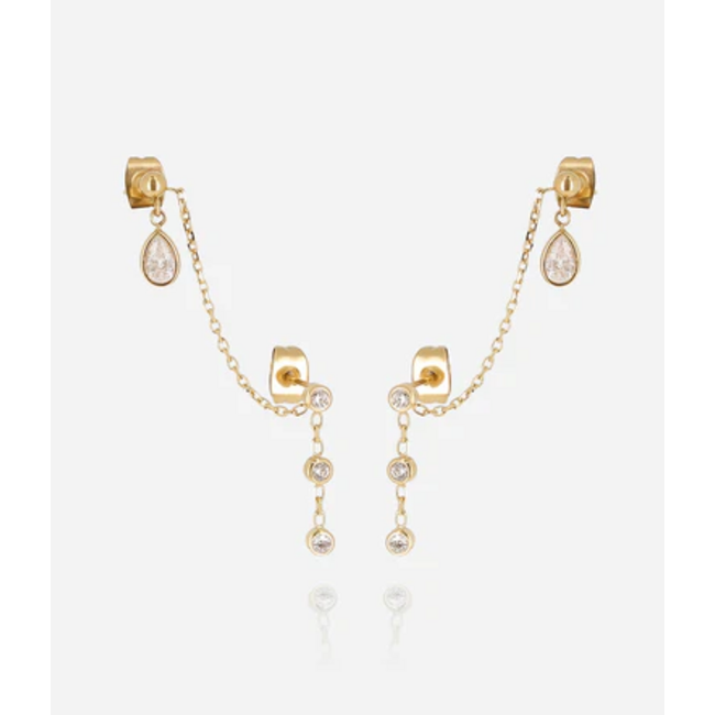 ZAG  Bijoux Goud dubbele sparkle oorbellen met zirconia chain ketting
