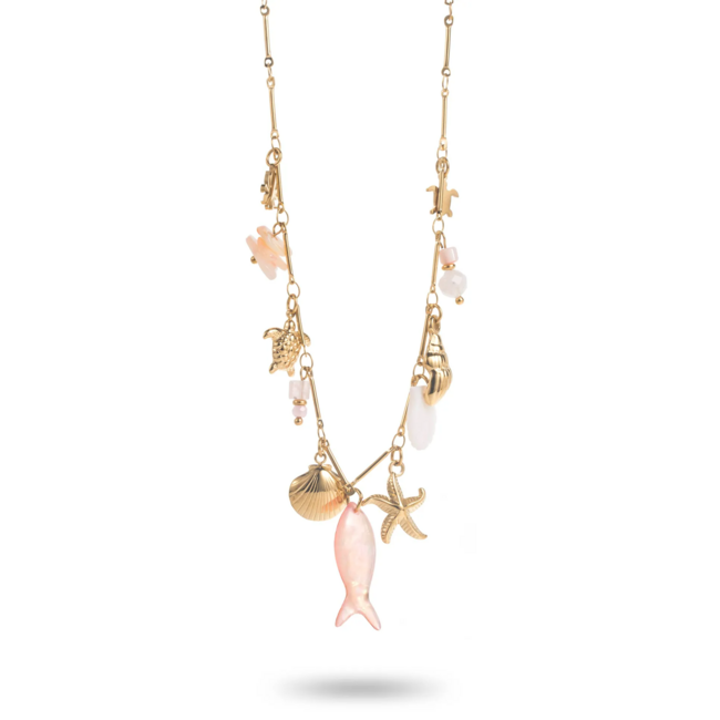 Schakel Ketting met zeebedels en licht roze kraaltje en visje