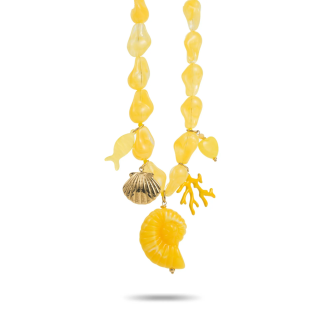 Gele statement ketting met grote gele schelp bedels