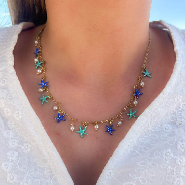 Blauwe en turquoise zeesterren ketting