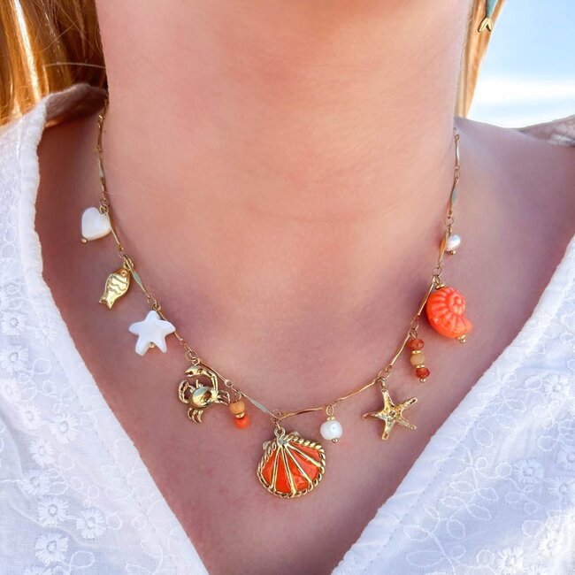 Beadle Vrolijke speelse opvallende oranje schelpen bedel ketting